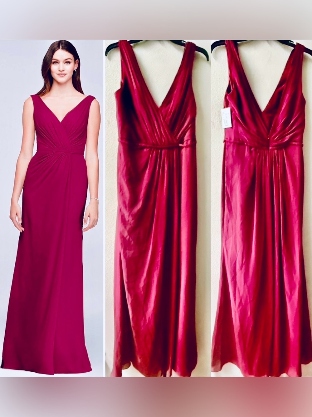DAVIDS BRIDAL BRIDESMAID FAUX WRAP PLEATED CHIFFON GOWN WINE SIZE 10~NWT